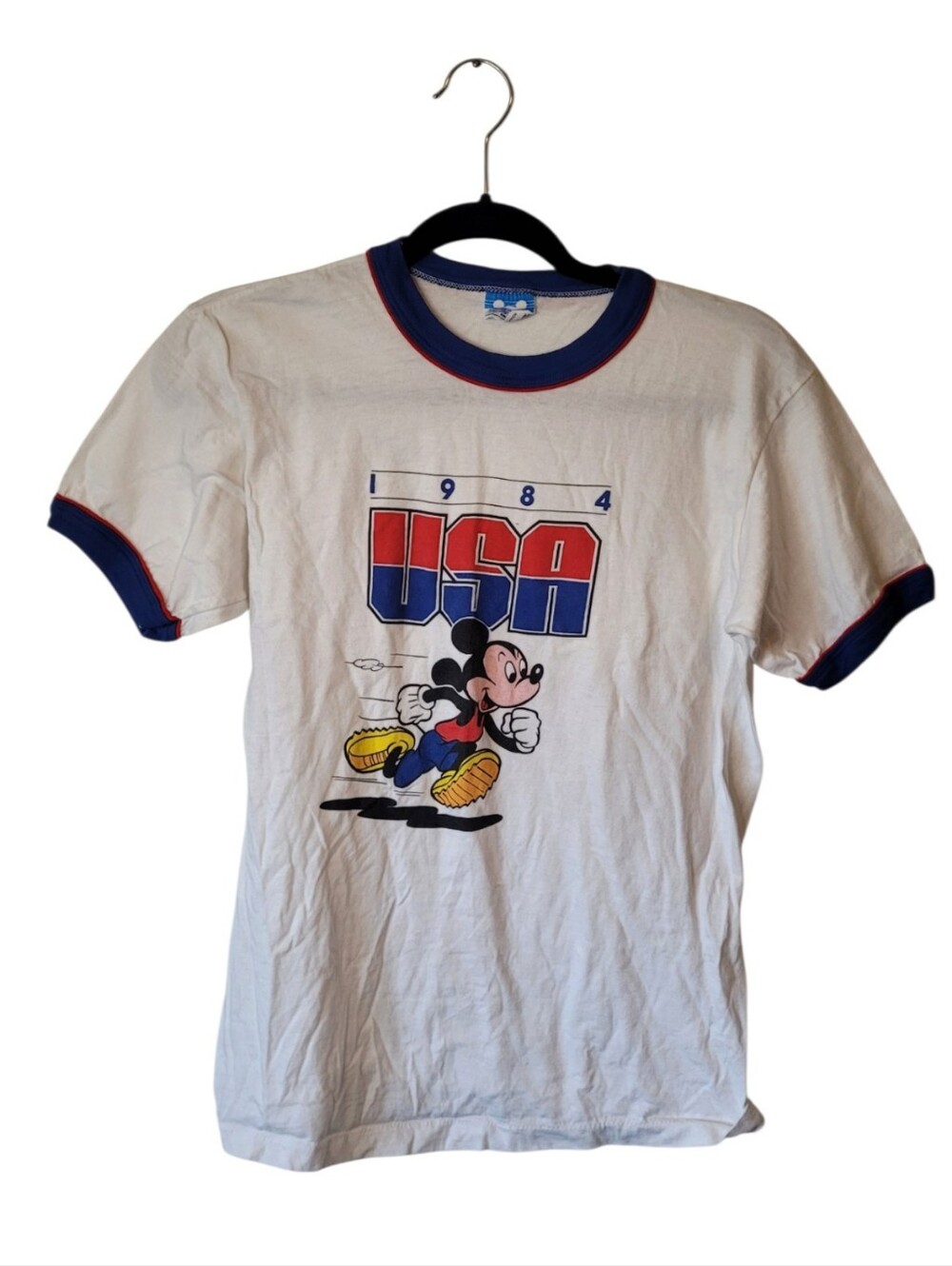 Vintage 1984 USA Mickey Mouse White Ringer T-Shirt Size S